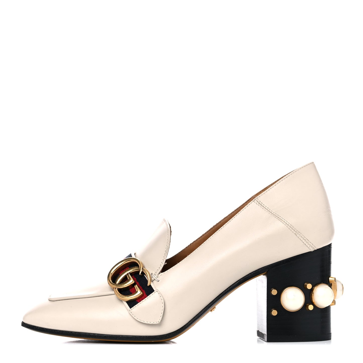 Betis Glamour Calfskin Web Pearl Embellished Peyton 75mm Loafer Pumps 39.5 Mystic White