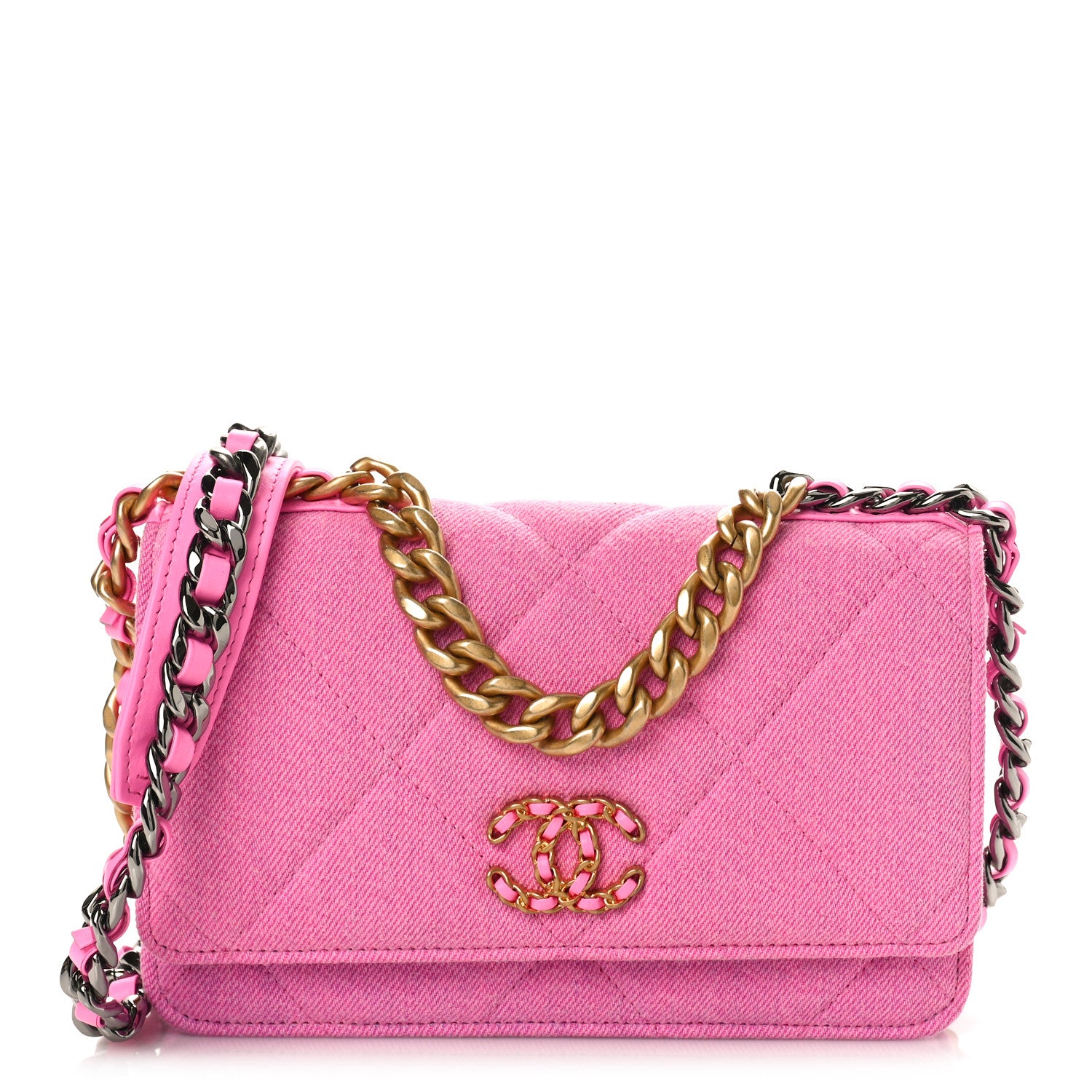 Chanel Denim Quilted Chanel 19 Wallet On Chain WOC Neon Pink 1 of 9