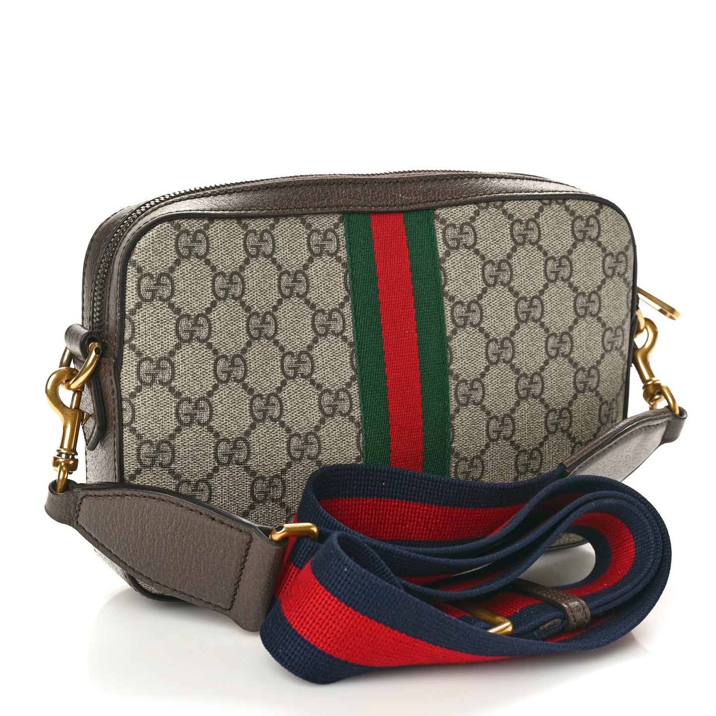 GG Supreme Monogram Textured Dollar Calfskin Web Ophidia Wristlet Shoulder Bag Beige Ebony New Acero