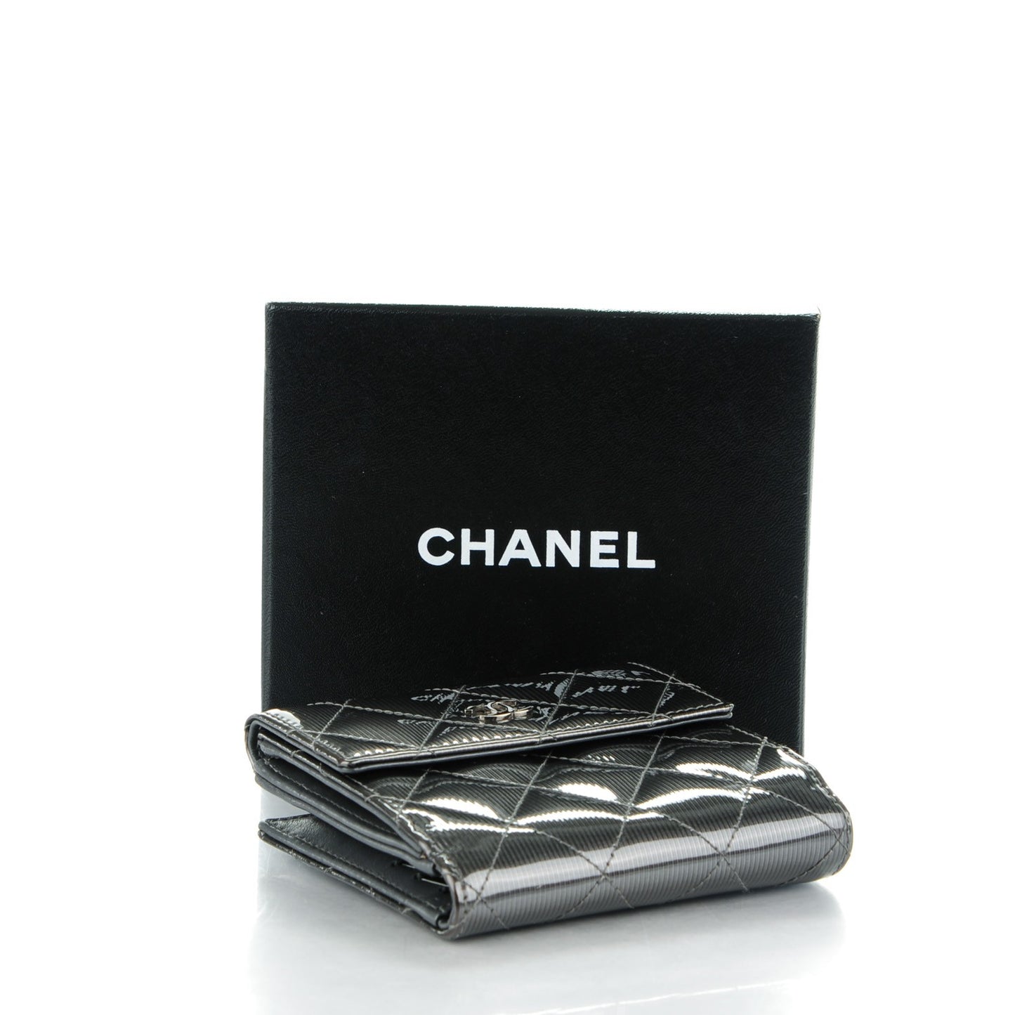 Striated Patent Quilted Compact French Flap Wallet Grey