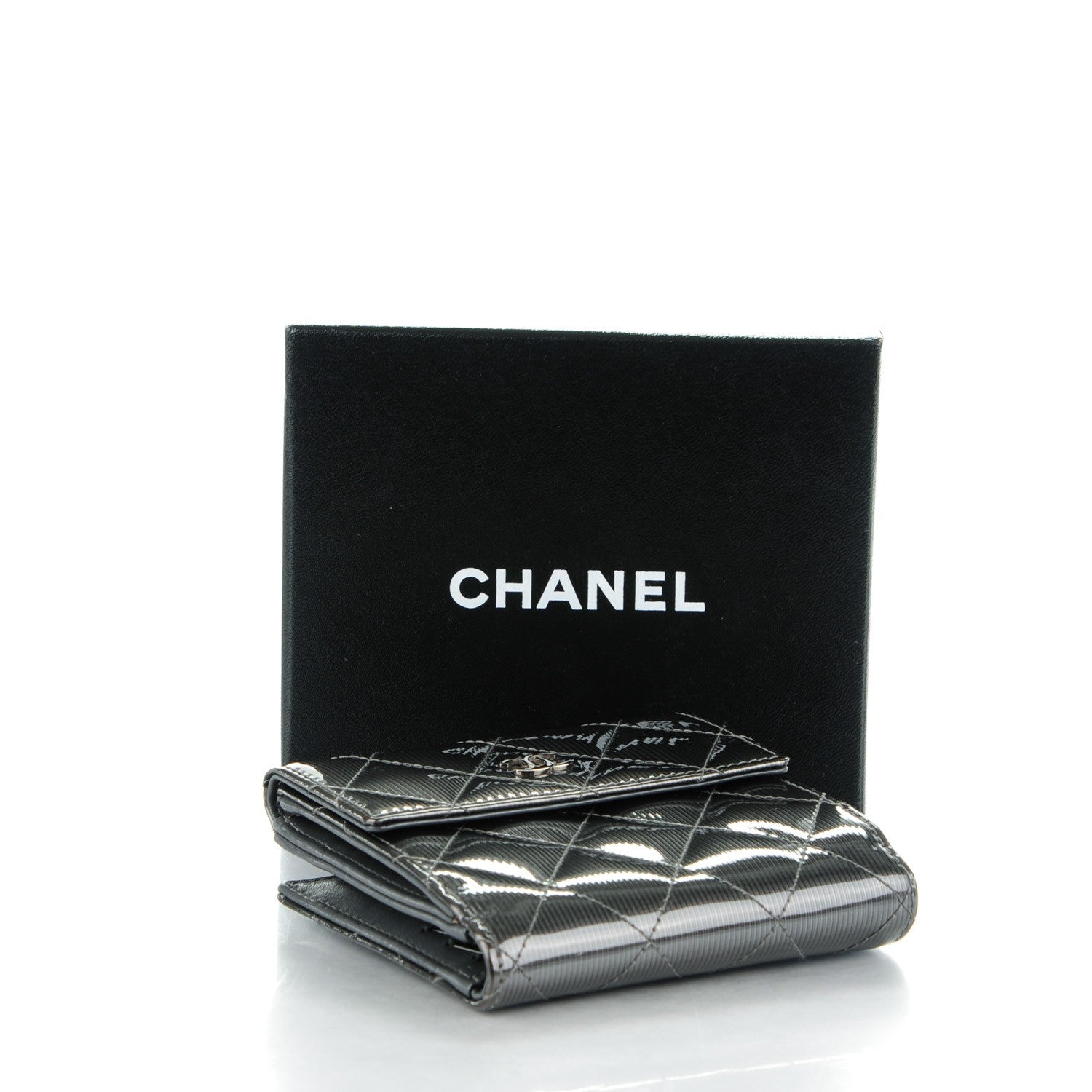 Chanel Striated Patent Quilted Compact French Flap Wallet Grey 4 of 8
