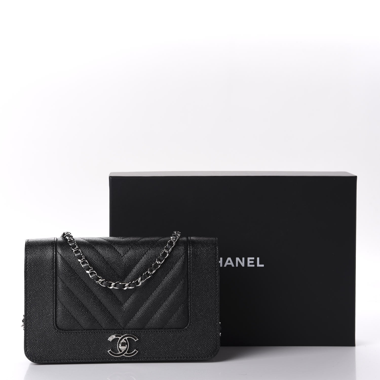 Chanel Caviar Chevron Quilted Vintage Mademoiselle Wallet On Chain WOC Black 12 of 12