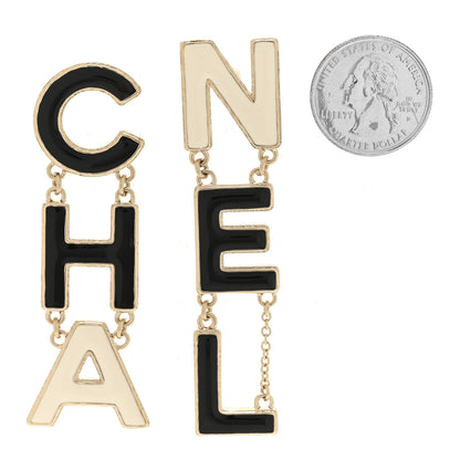 Chanel Metal Enamel Cha-Nel Logo Drop Earrings Black White 2 of 6