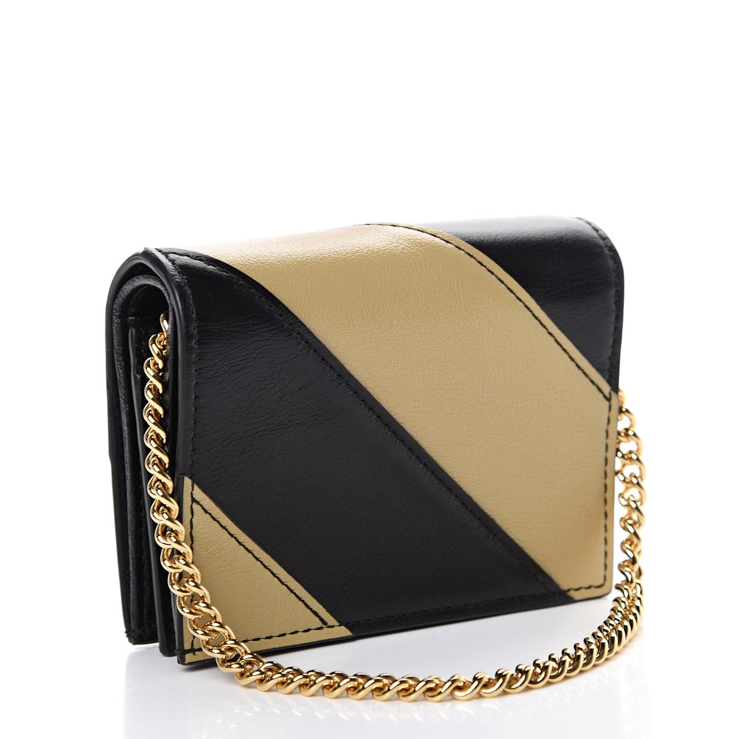 Calfskin Diagonal Striped Zumi Chain Card Case Wallet Black Beige