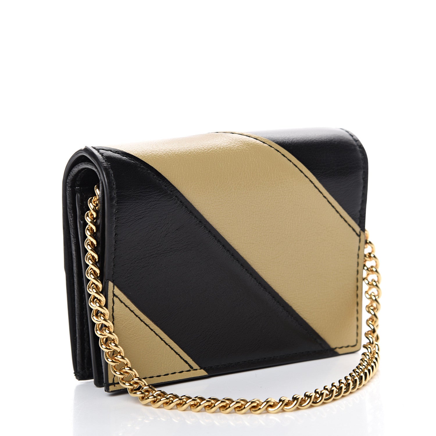 Gucci Calfskin Diagonal Striped Zumi Chain Card Case Wallet Black Beige 2 of 6