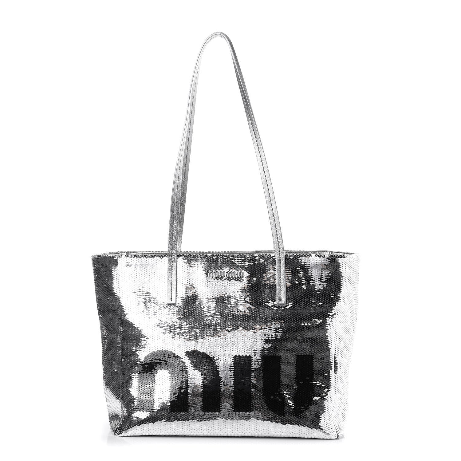 Miu Miu Paillettes Sequin Logo Tote Argento 1 of 6