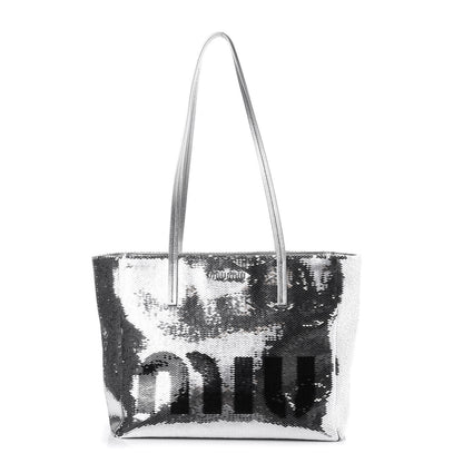 Miu Miu Paillettes Sequin Logo Tote Argento 1 of 6