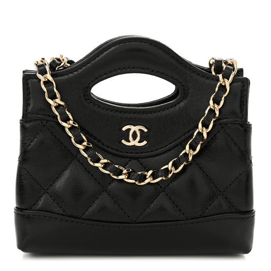 Shiny Lambskin Quilted Micro 31 Clutch With Chain Black