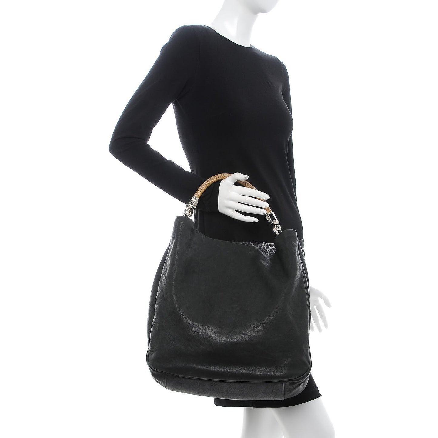 Goatskin Lizard Embossed Large Roady Hobo Black