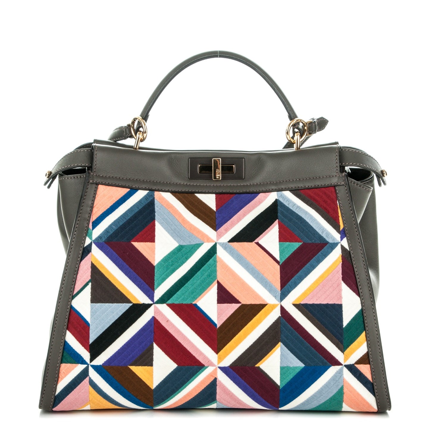 Calfskin Geometric Embroidered Large Peekaboo Iconic Satchel Grey