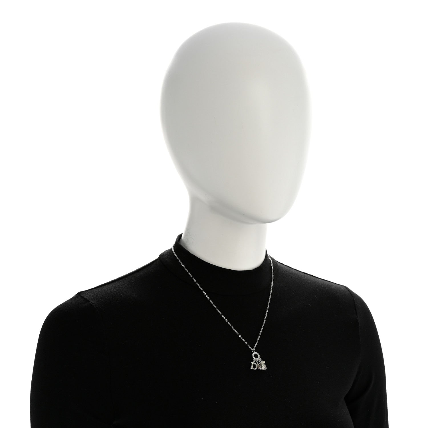 Christian Dior Metal Crystal Logo Clover Necklace Silver 2 of 6