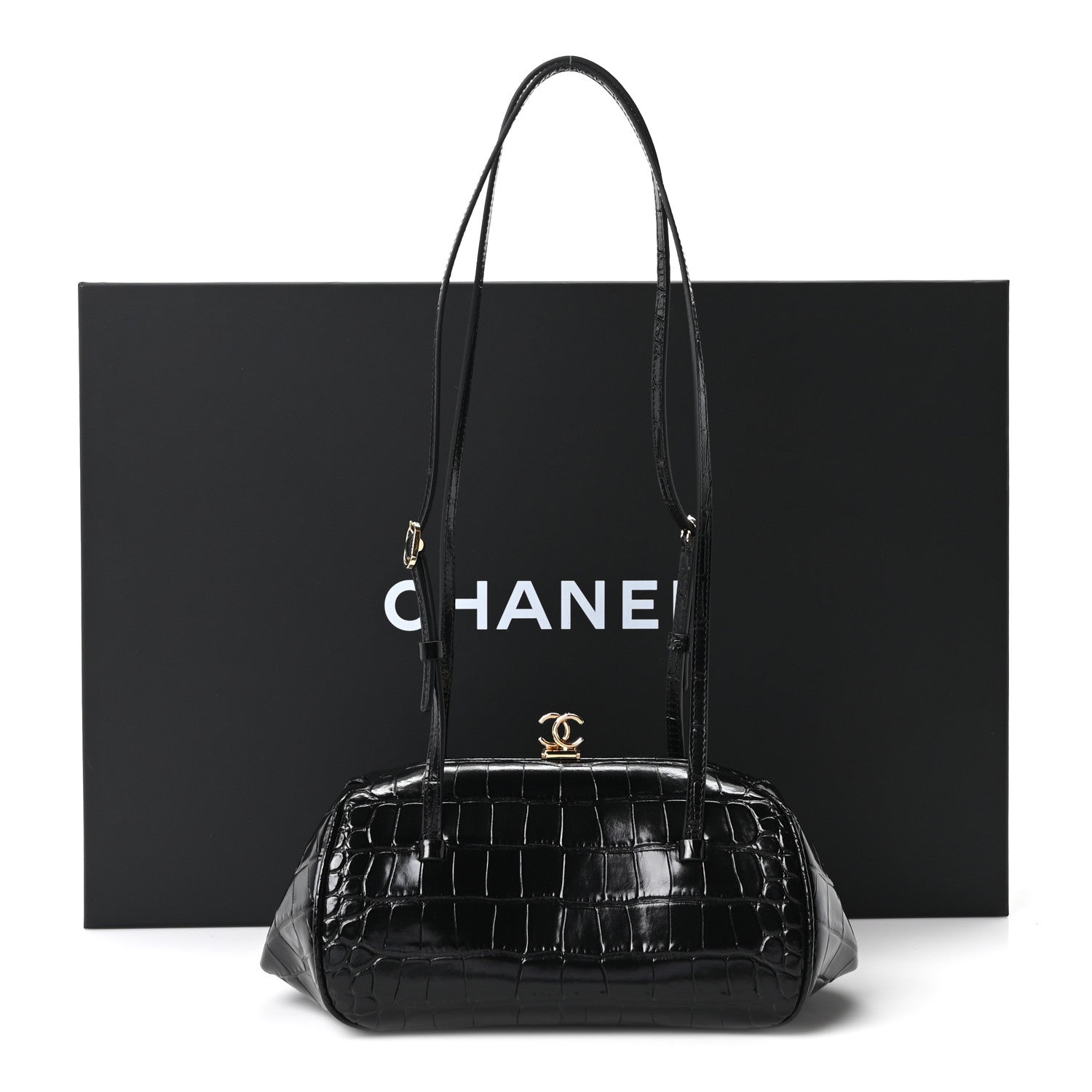 Chanel Calfskin Crocodile Embossed Pretty CC Clutch With Strap Black 8 of 10
