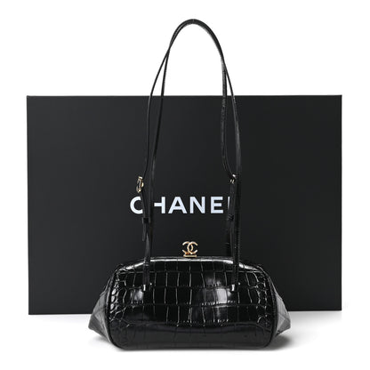 Chanel Calfskin Crocodile Embossed Pretty CC Clutch With Strap Black 8 of 10