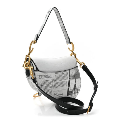 Christian Dior Calfskin Newspaper Printed Saddle Bag With Strap Black White 3 of 10