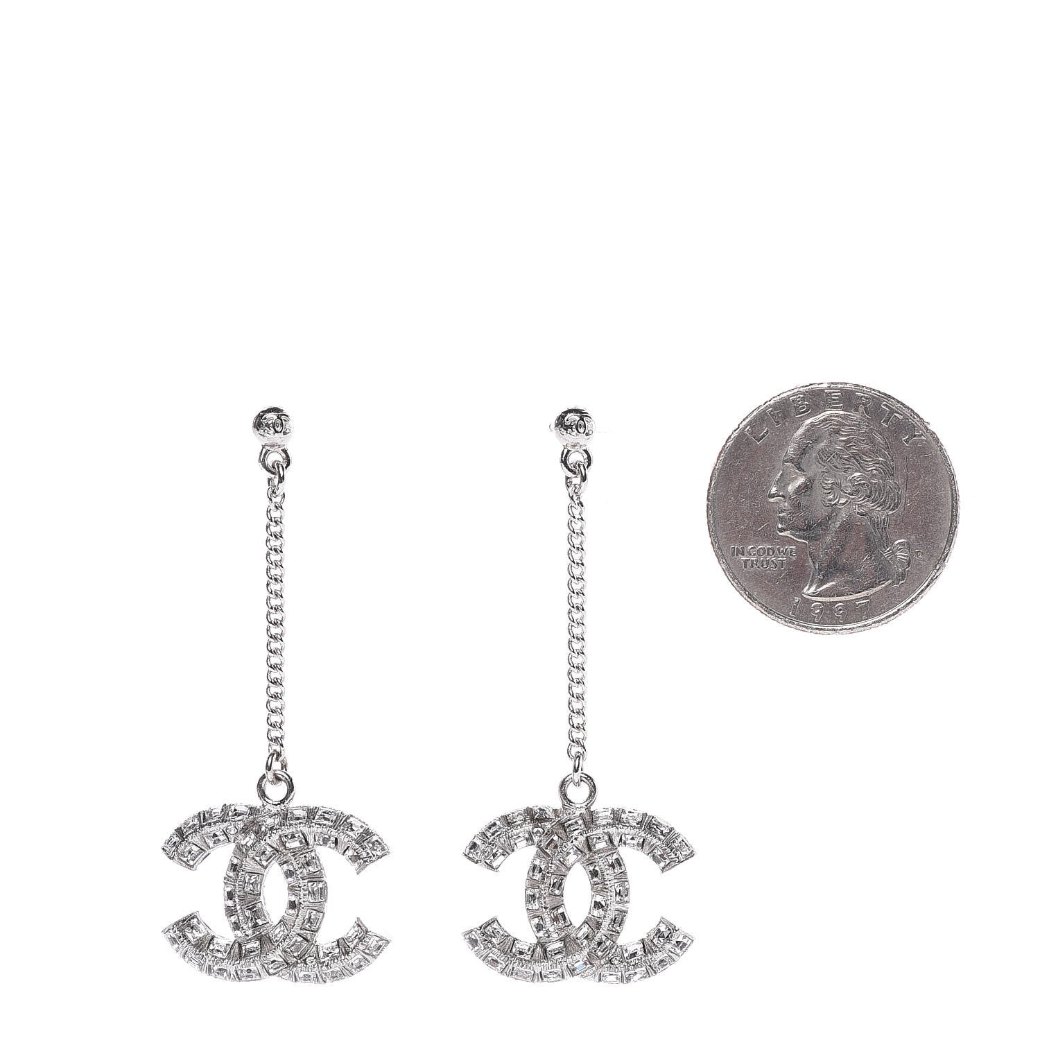 Chanel Baguette Crystal CC Dangle Earrings Silver 2 of 3