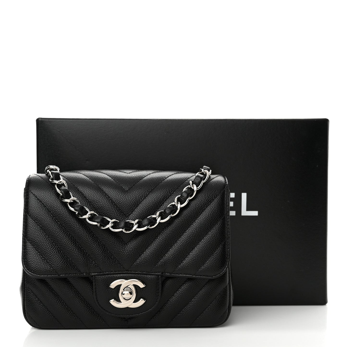 Caviar Chevron Quilted Mini Square Flap Black