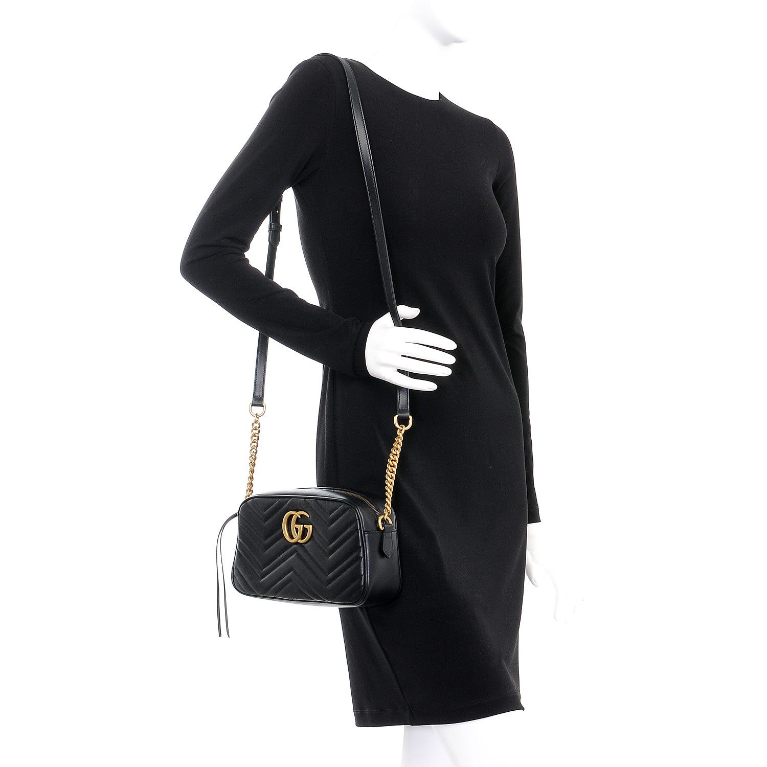 Gucci Calfskin Matelasse Small GG Marmont Chain Shoulder Bag Black 2 of 7