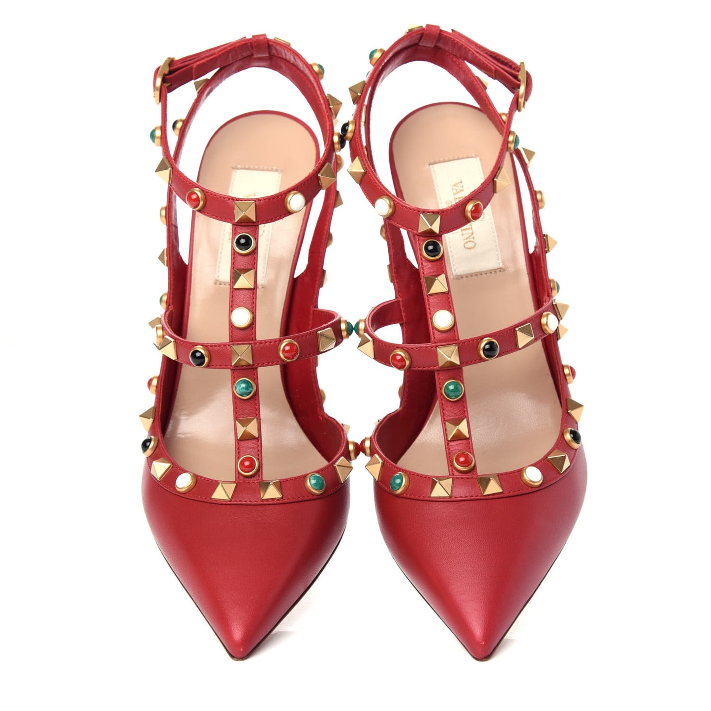 Calfskin Rockstud Rolling Ankle Strap 100mm Pumps 37.5 Rosso Valentino