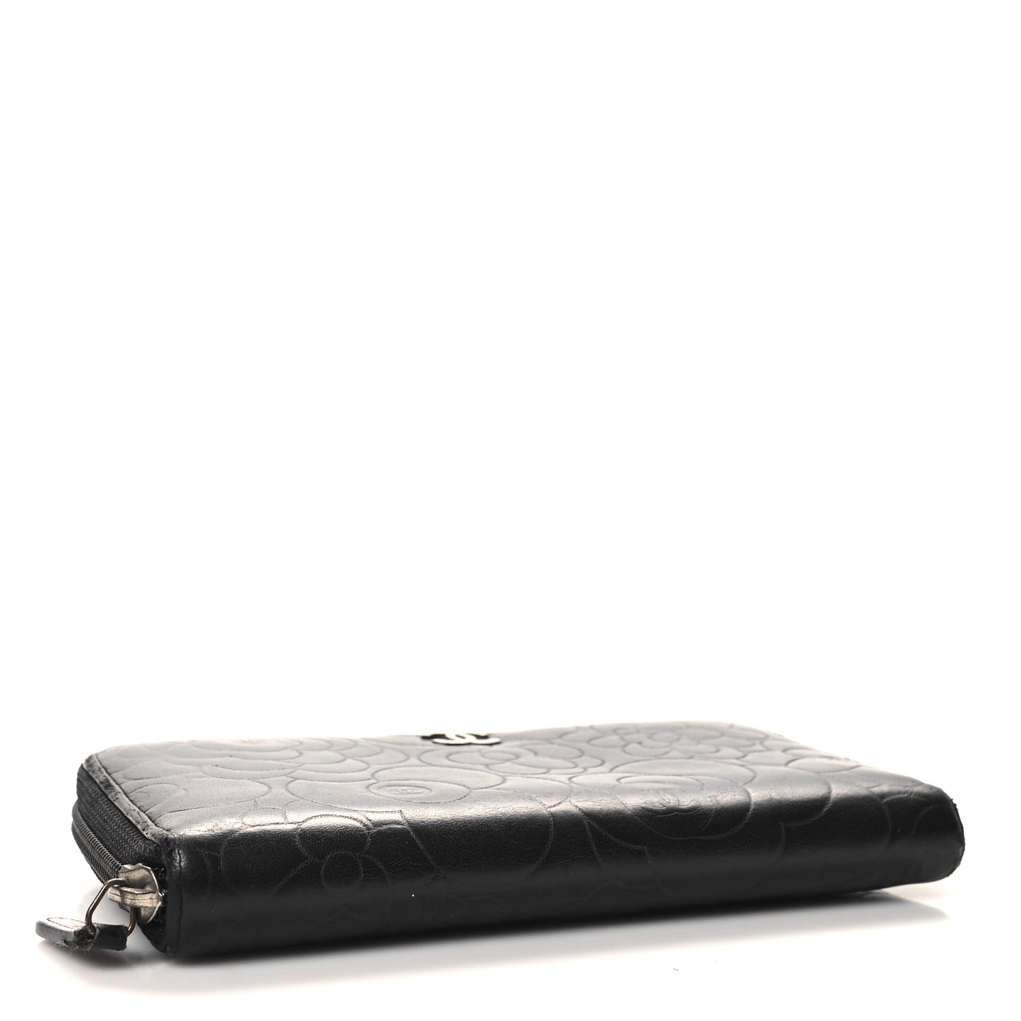 Lambskin Camellia Embossed Large Zip Around Gusset Wallet Black