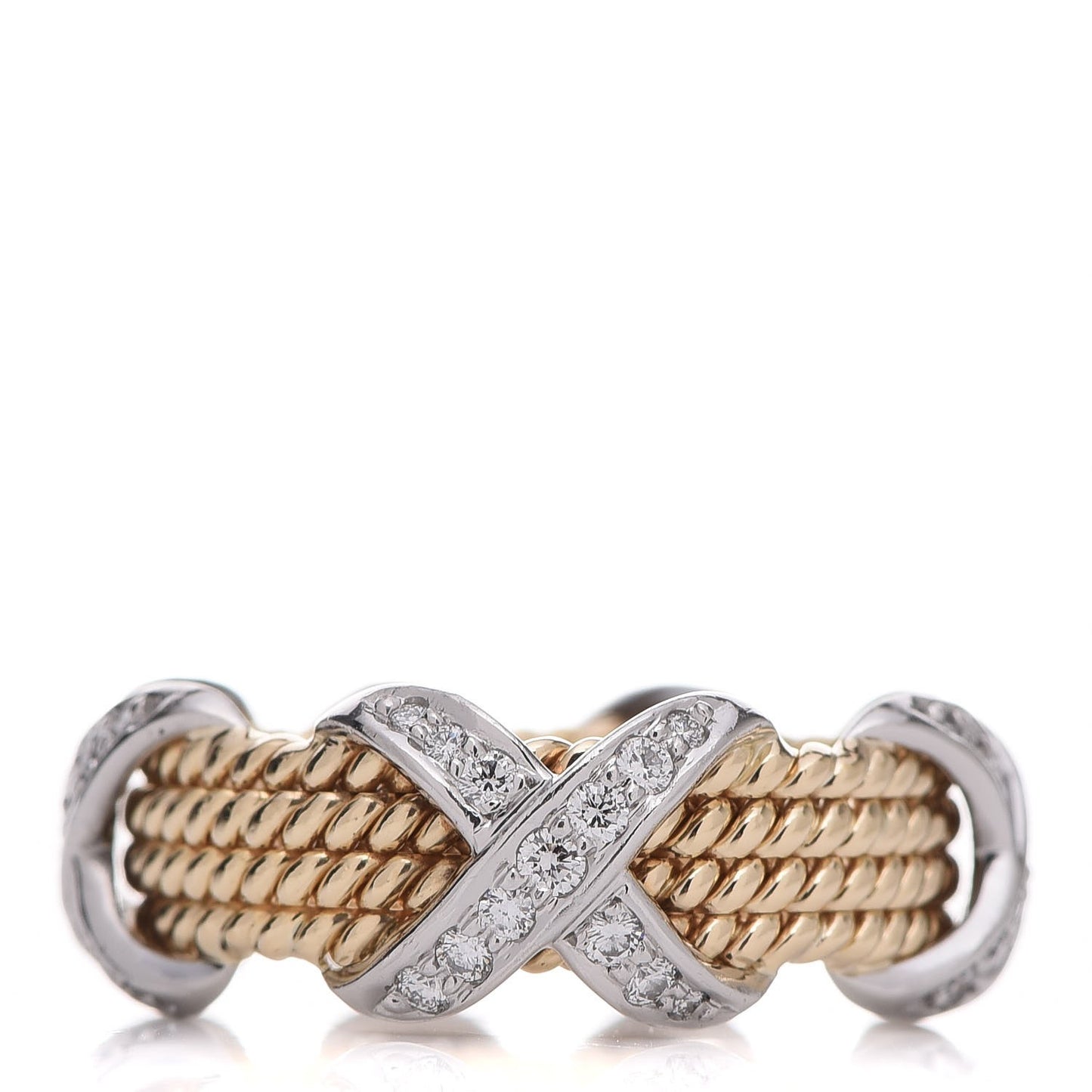 18K Yellow Gold Platinum Diamond Schlumberger Rope Four Row X Ring 57 8