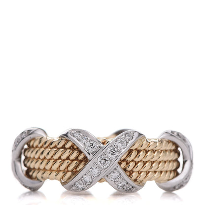 Tiffany 18K Yellow Gold Platinum Diamond Schlumberger Rope Four Row X Ring 57 8 1 of 7