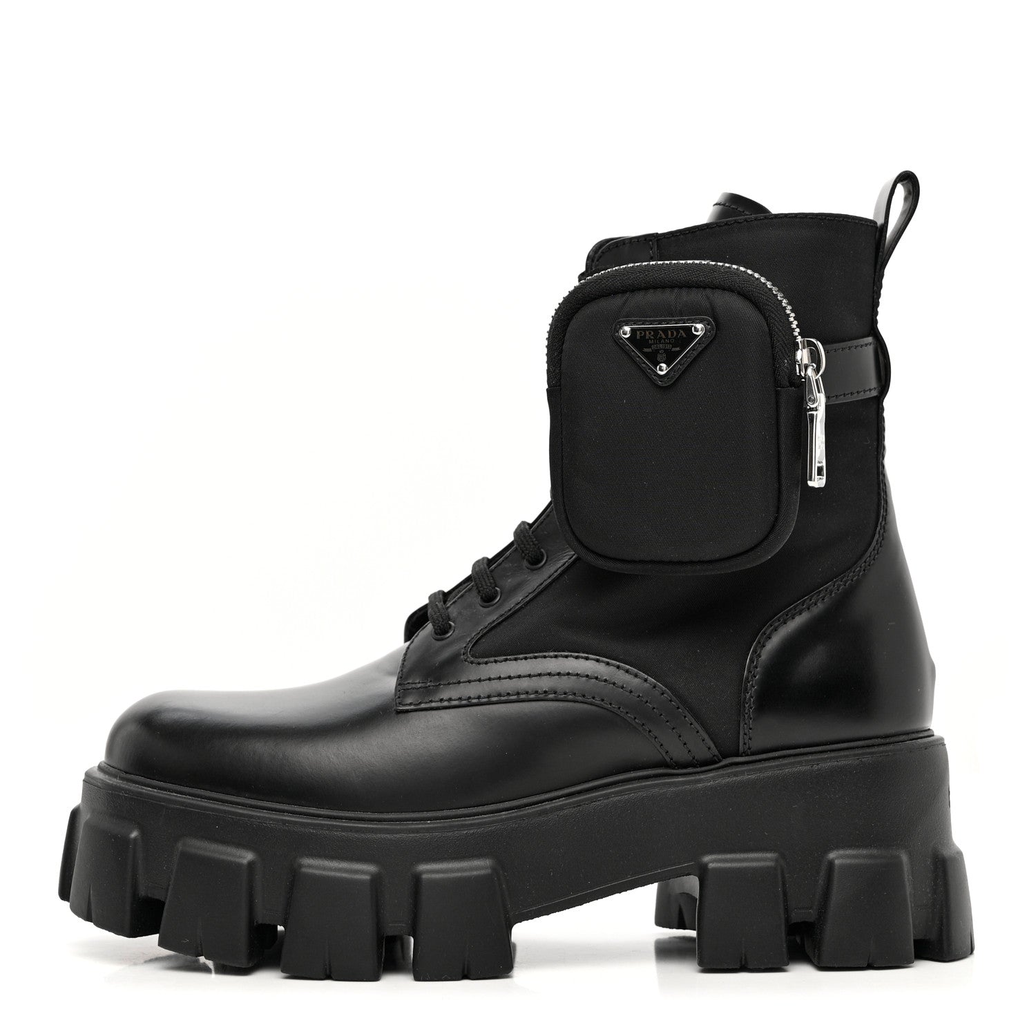 Prada Spazzolato Rois Re-Nylon Metal Triangle Logo Monolith Pouch Pocket 55mm Boots 38 Black 1 of 10
