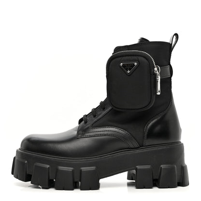 Prada Spazzolato Rois Re-Nylon Metal Triangle Logo Monolith Pouch Pocket 55mm Boots 38 Black 1 of 10
