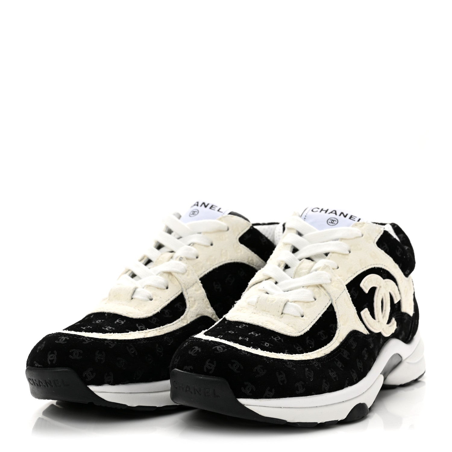 Chanel Nylon Suede Calfskin Printed CC Sneakers 38 White Black 4 of 9