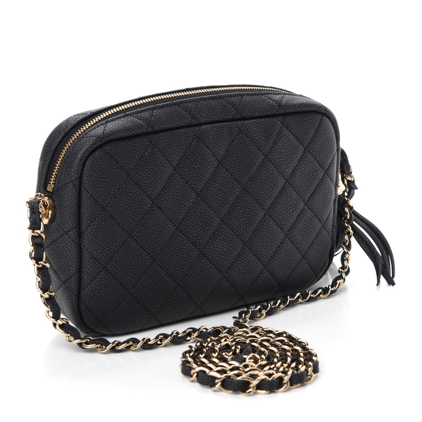 Iridescent Caviar Quilted Small Coco Tassel Camera Case Black