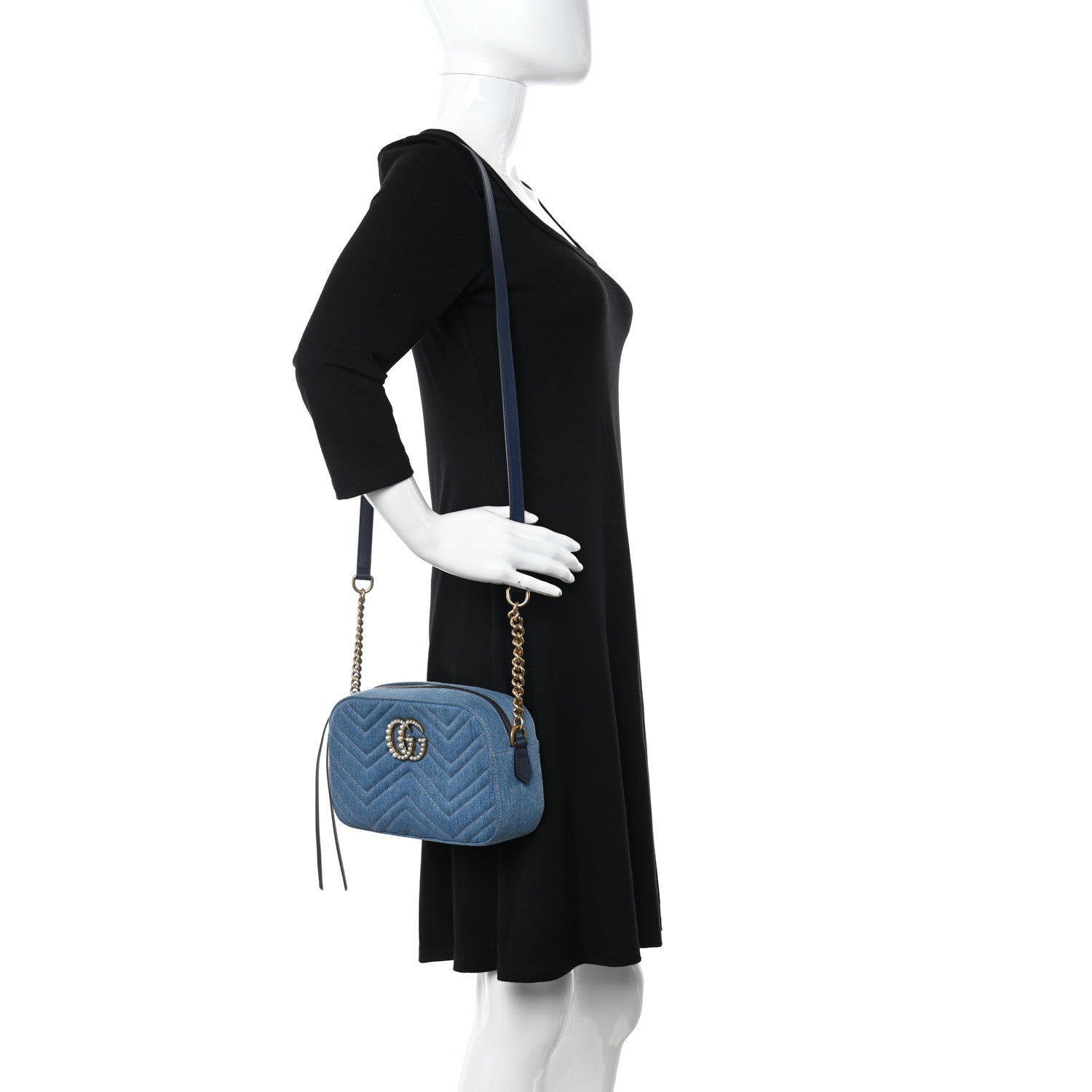 Gucci Denim Matelasse Small Pearly GG Marmont Chain Shoulder Bag Blue 2 of 10