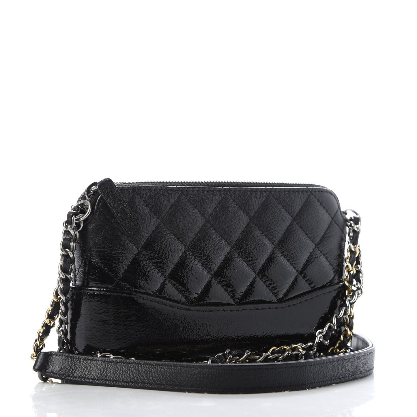 Patent Goatskin Quilted Small Gabrielle Clutch With Chain Black
