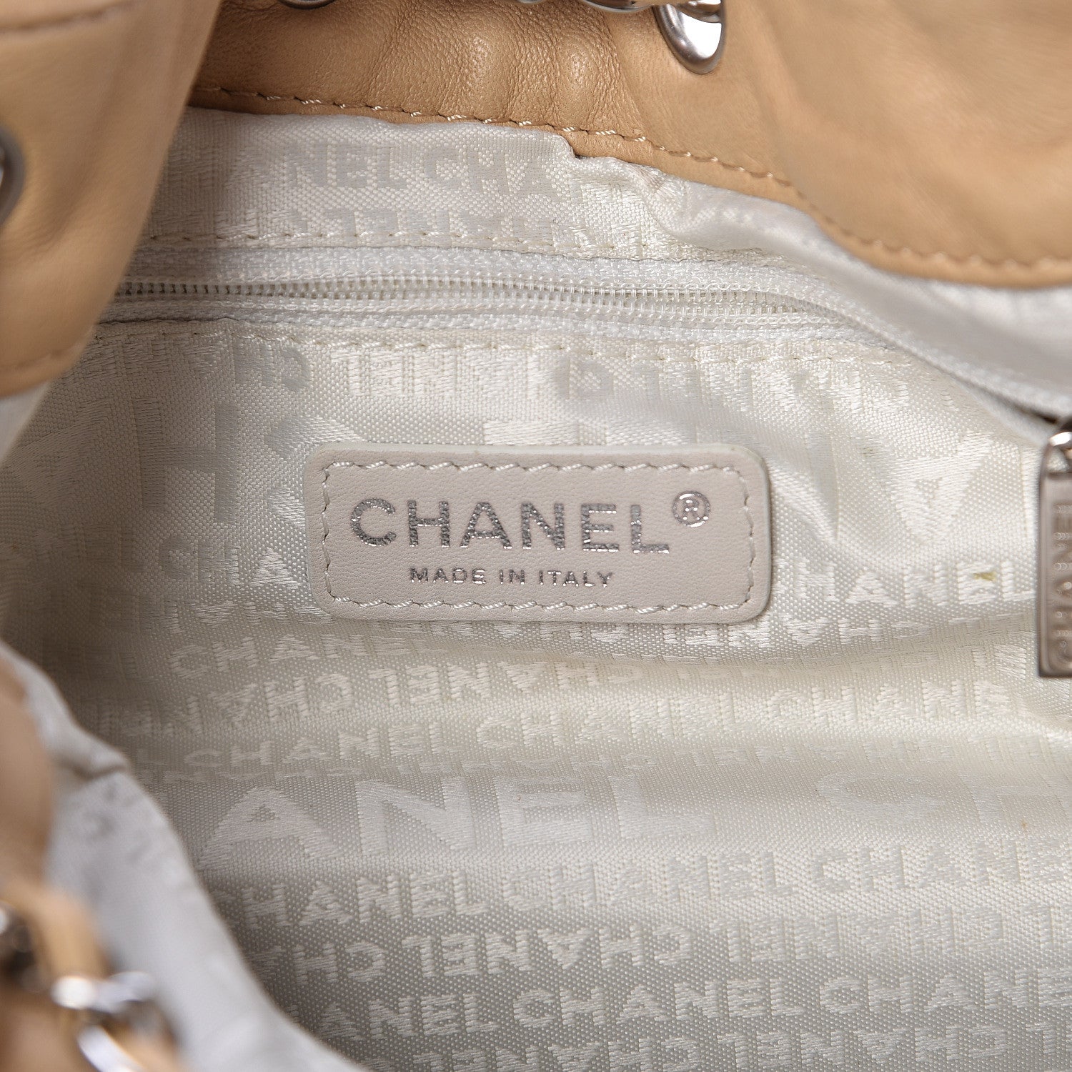 Chanel Lambskin Contrast Stitch Small Drawstring Tote Light Beige 6 of 14