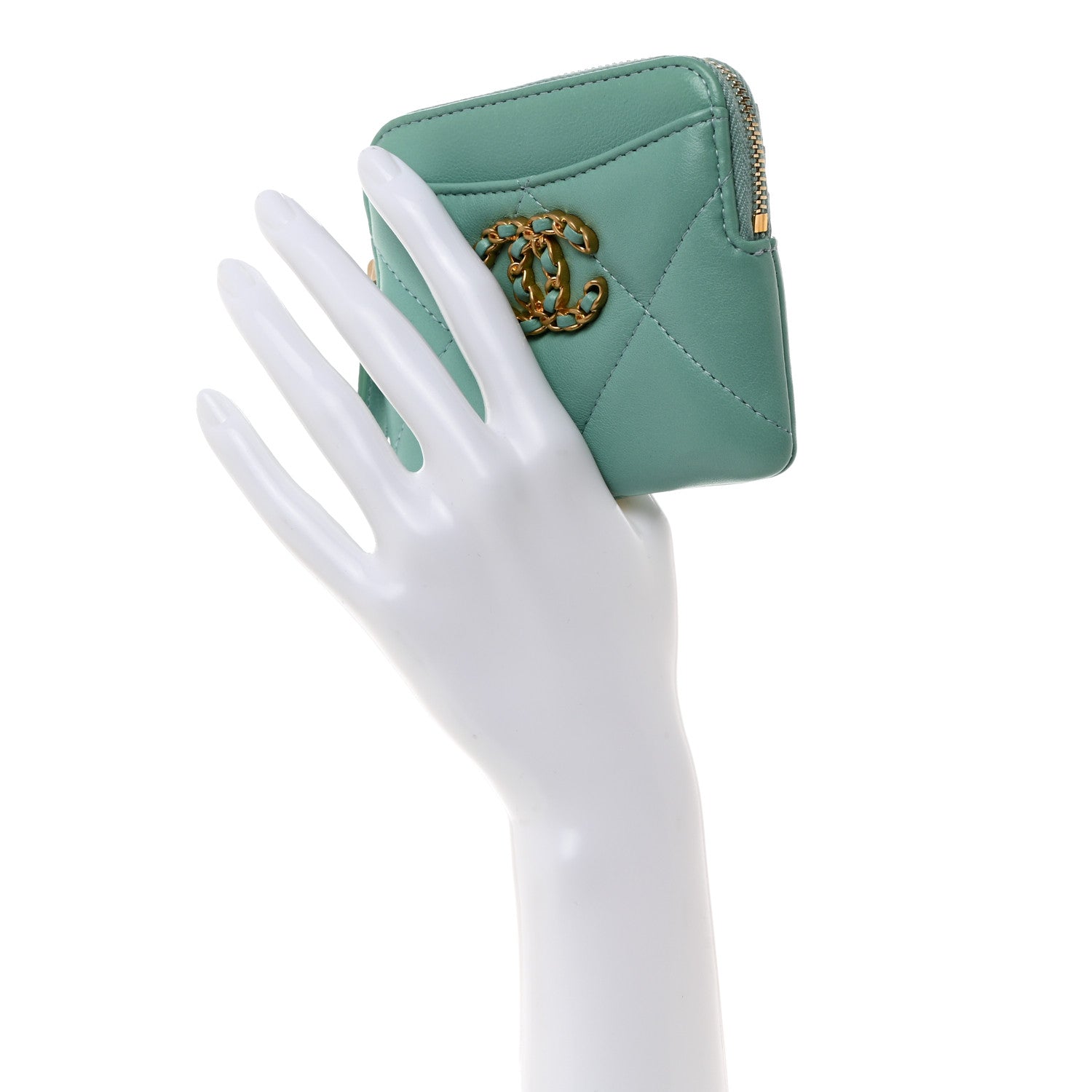Chanel Lambskin Quilted Chanel 19 Zip Card Holder Wallet Light Green 2 of 8