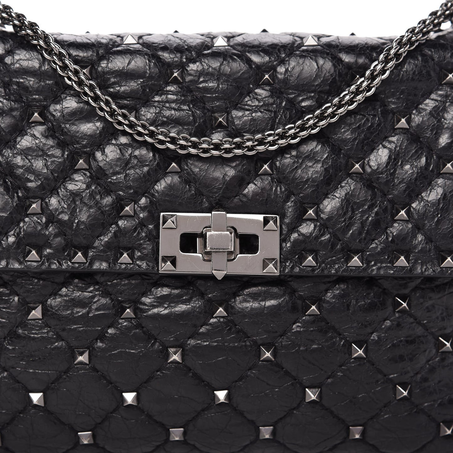 Craquele Nappa Medium Rockstud Spike Shoulder Bag Black