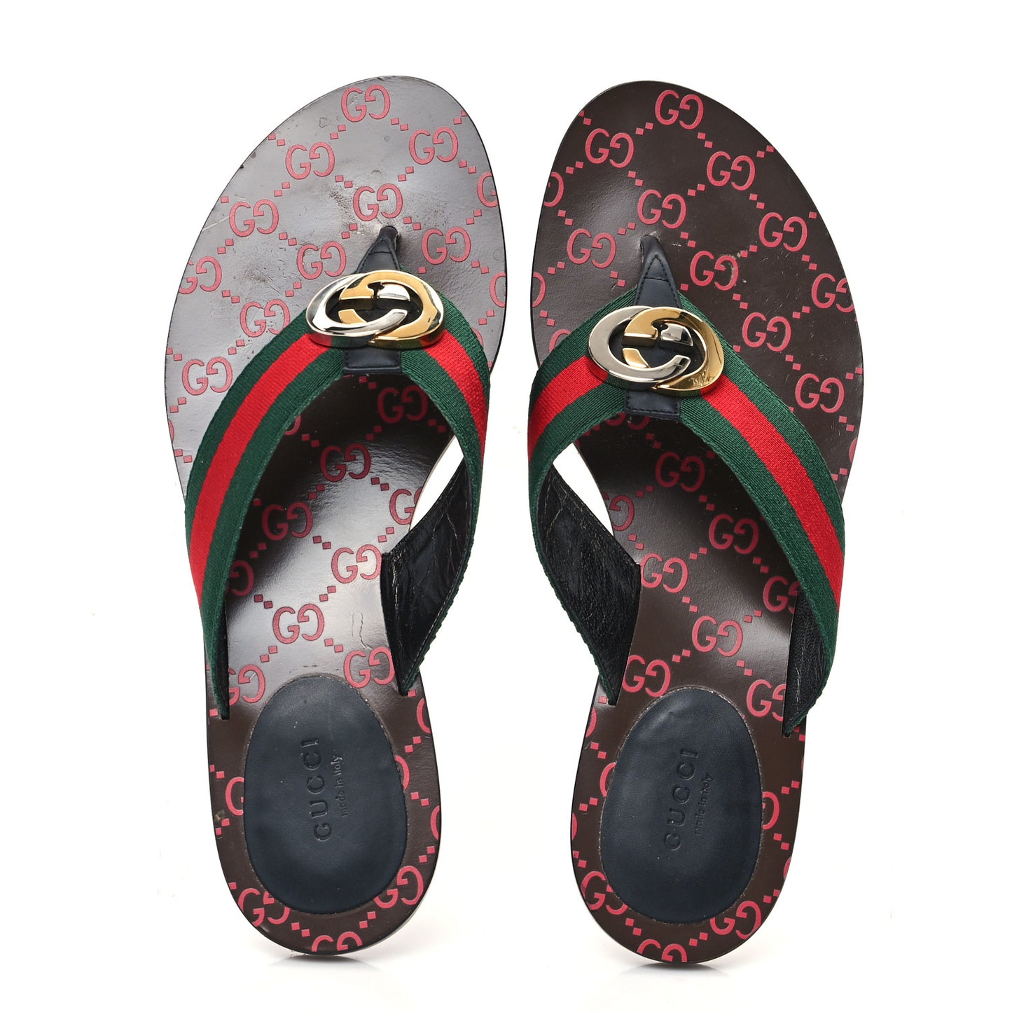 Nylon Calfskin Web GG Monogram Womens Thong Sandals 41 Green Red Cocoa