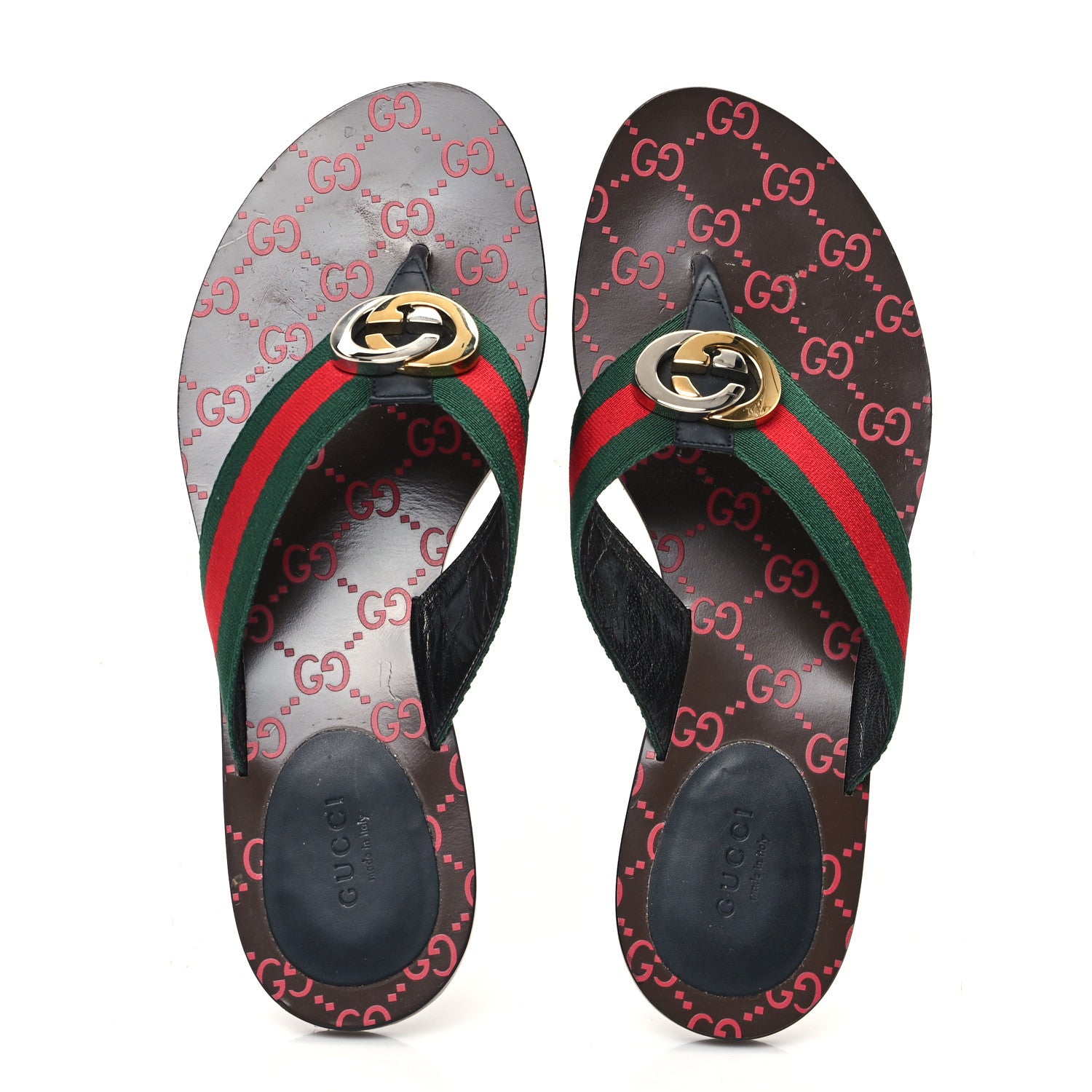 Gucci Nylon Calfskin Web GG Monogram Womens Thong Sandals 41 Green Red Cocoa 2 of 10