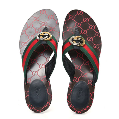 Gucci Nylon Calfskin Web GG Monogram Womens Thong Sandals 41 Green Red Cocoa 2 of 10