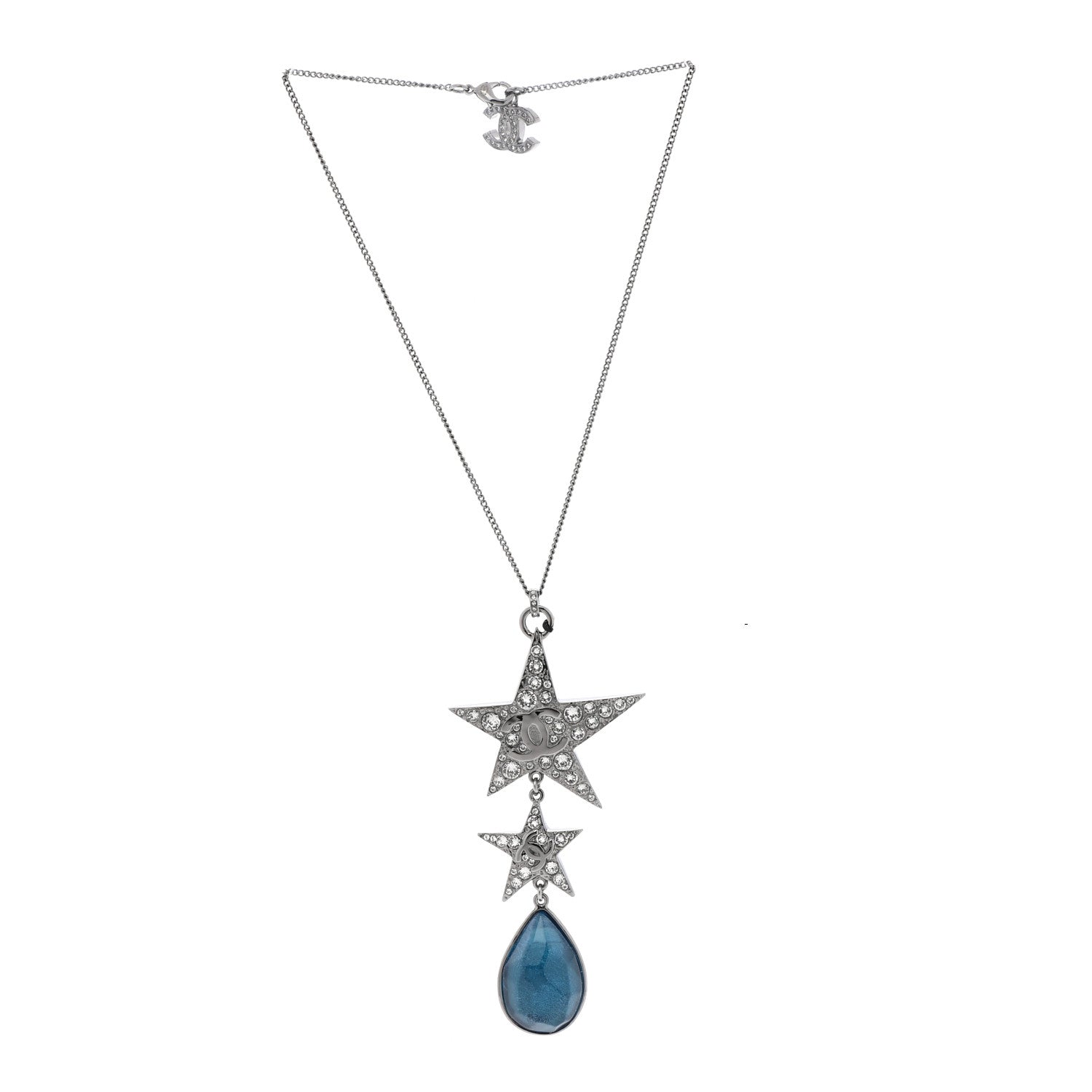 Chanel Crystal Resin CC Star Drop Necklace Silver Blue 3 of 6
