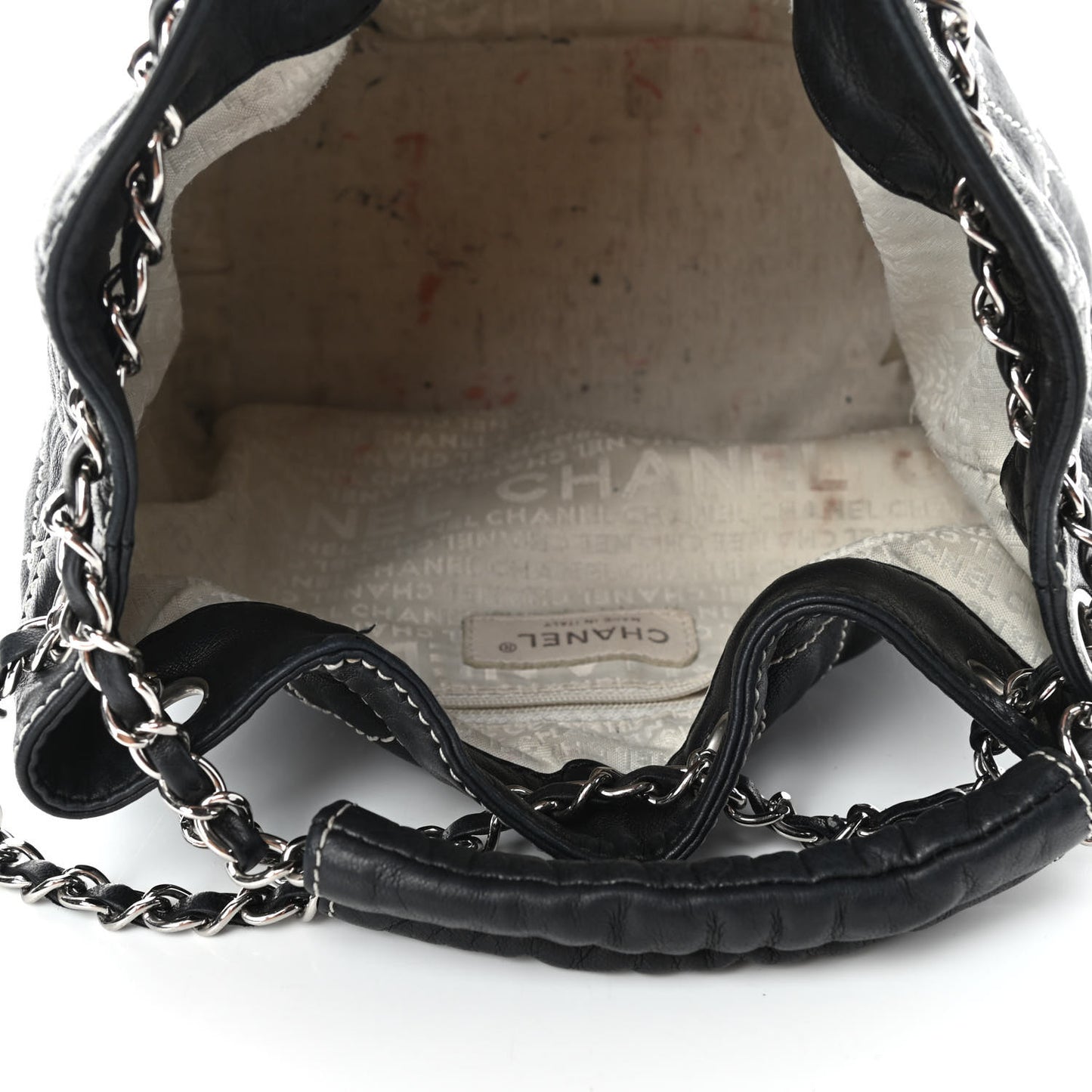 Lambskin Contrast Stitch Small Drawstring Tote Black