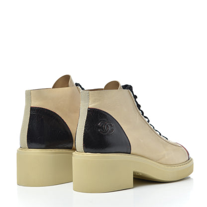 Chanel Crumpled Calfskin Lace Up Short Boots Beige 38 Beige Black 4 of 17
