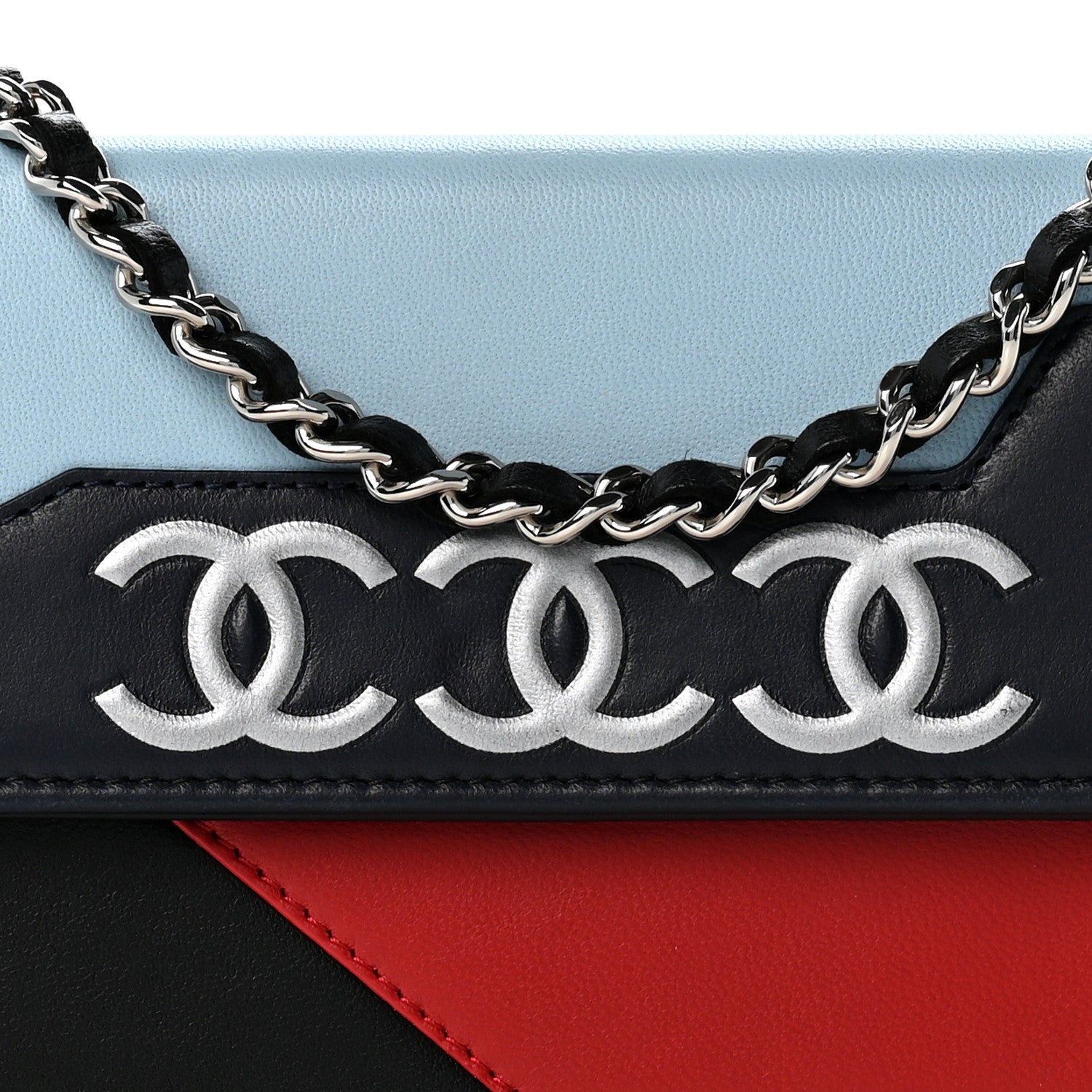Chanel Lambskin Airlines Wallet On Chain WOC Blue Black Red 8 of 12