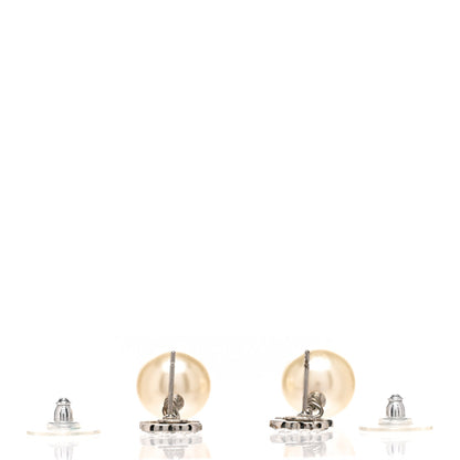 Chanel Crystal Pearl CC Drop Earrings Silver Pearly White 3 of 5