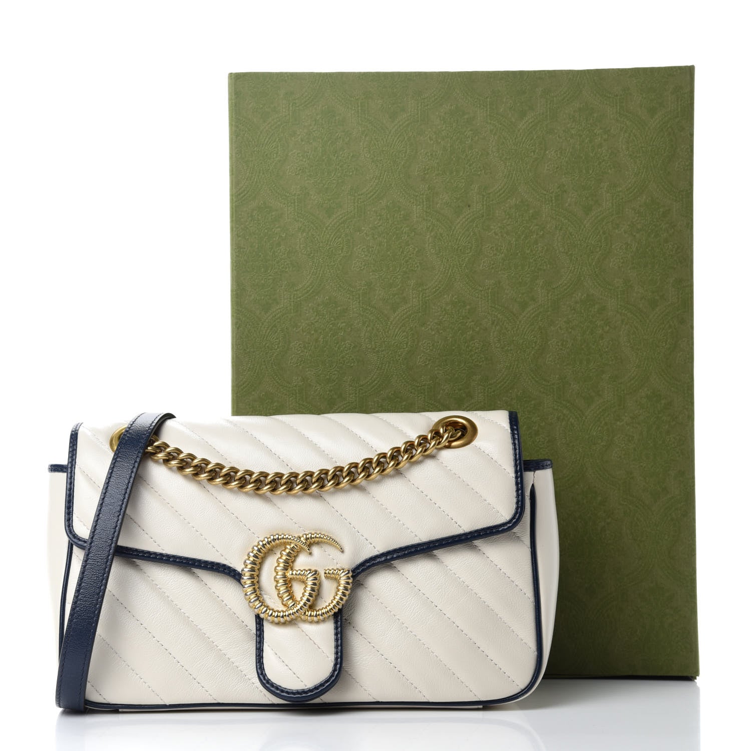 Gucci Vintage Effect Calfskin Matelasse Diagonal Small Torchon GG Marmont Shoulder Bag Mystic White Blue Agata 12 of 12