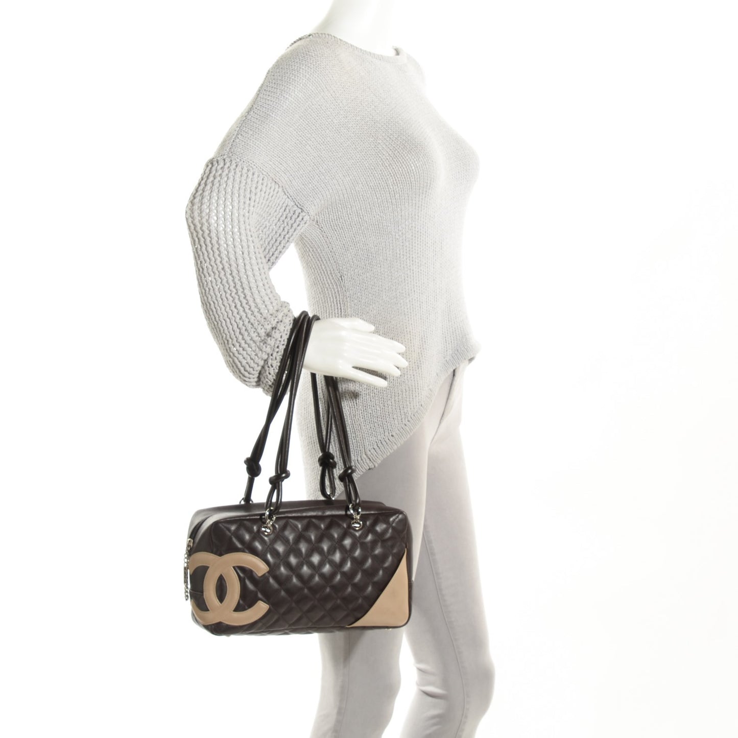 Calfskin Quilted Cambon Large Bowler Brown Beige
