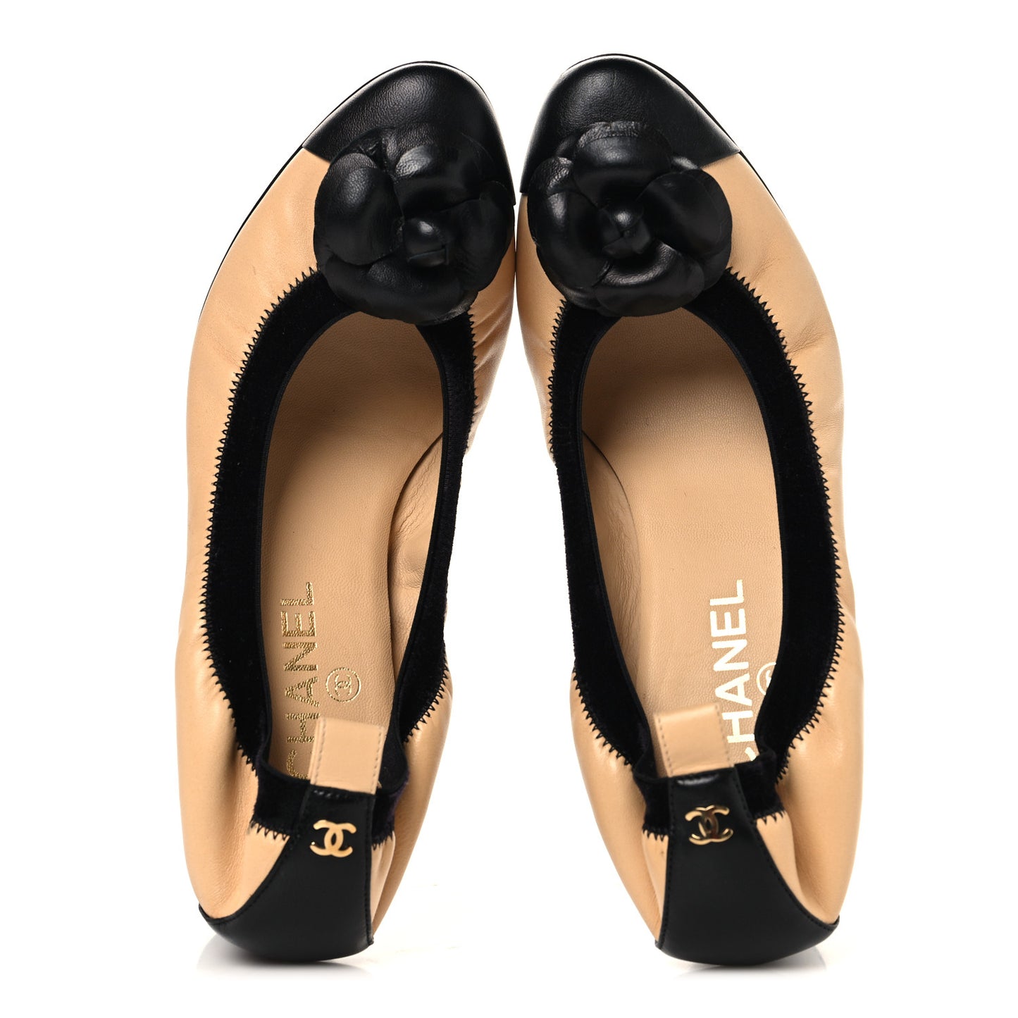 Lambskin Camellia CC Elastic Stretch Pumps 40 Beige Black