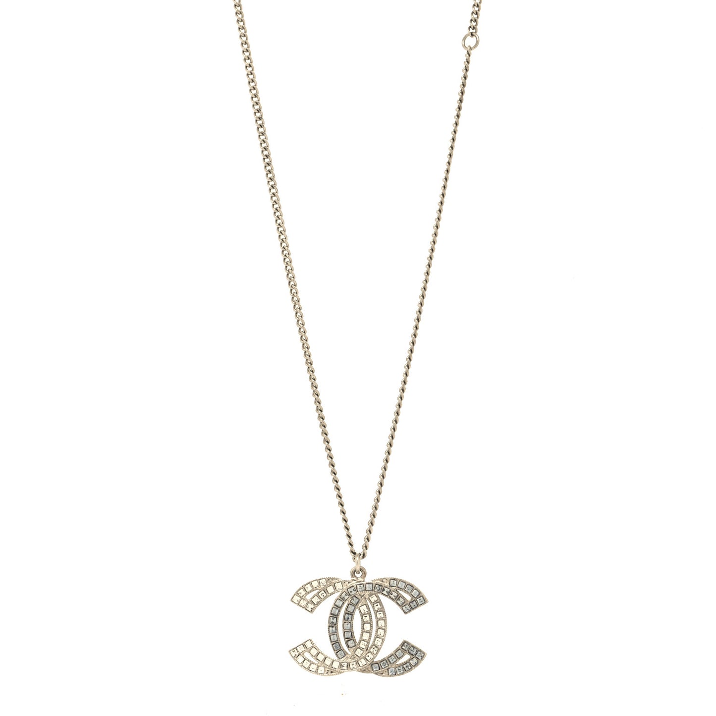 Metal Crystal Baguette CC Pendant Necklace Silver