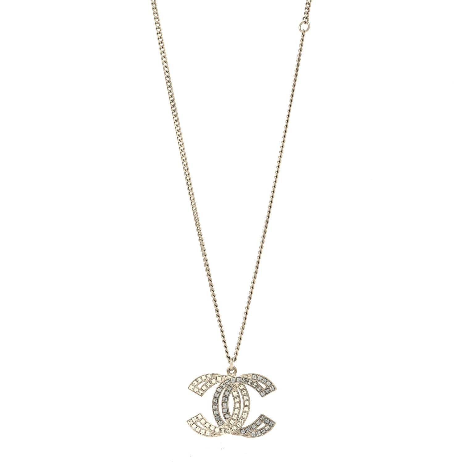Chanel Metal Crystal Baguette CC Pendant Necklace Silver 1 of 5