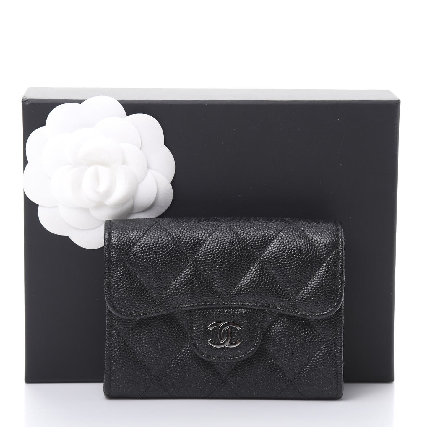Iridescent Caviar Quilted Flap Card Holder Wallet Black