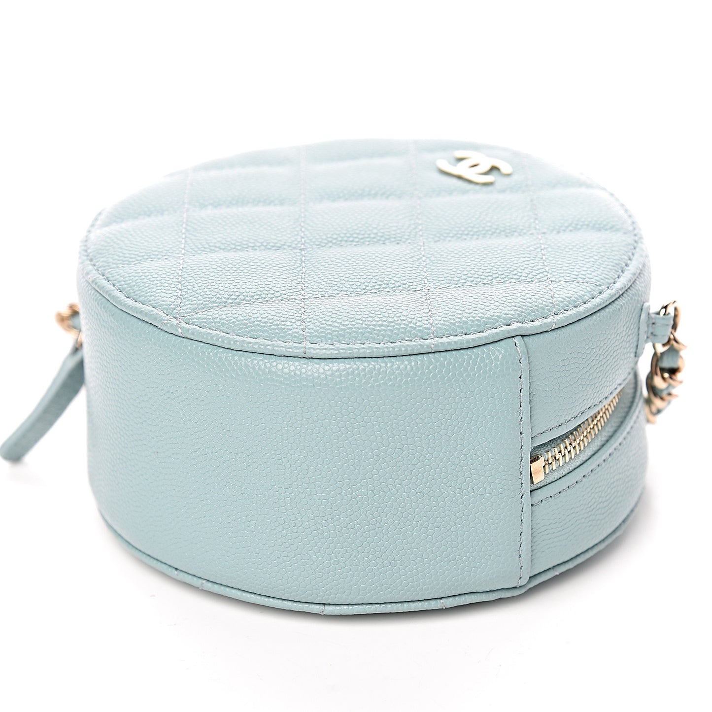 Caviar Quilted Round Clutch With Chain Light Blue