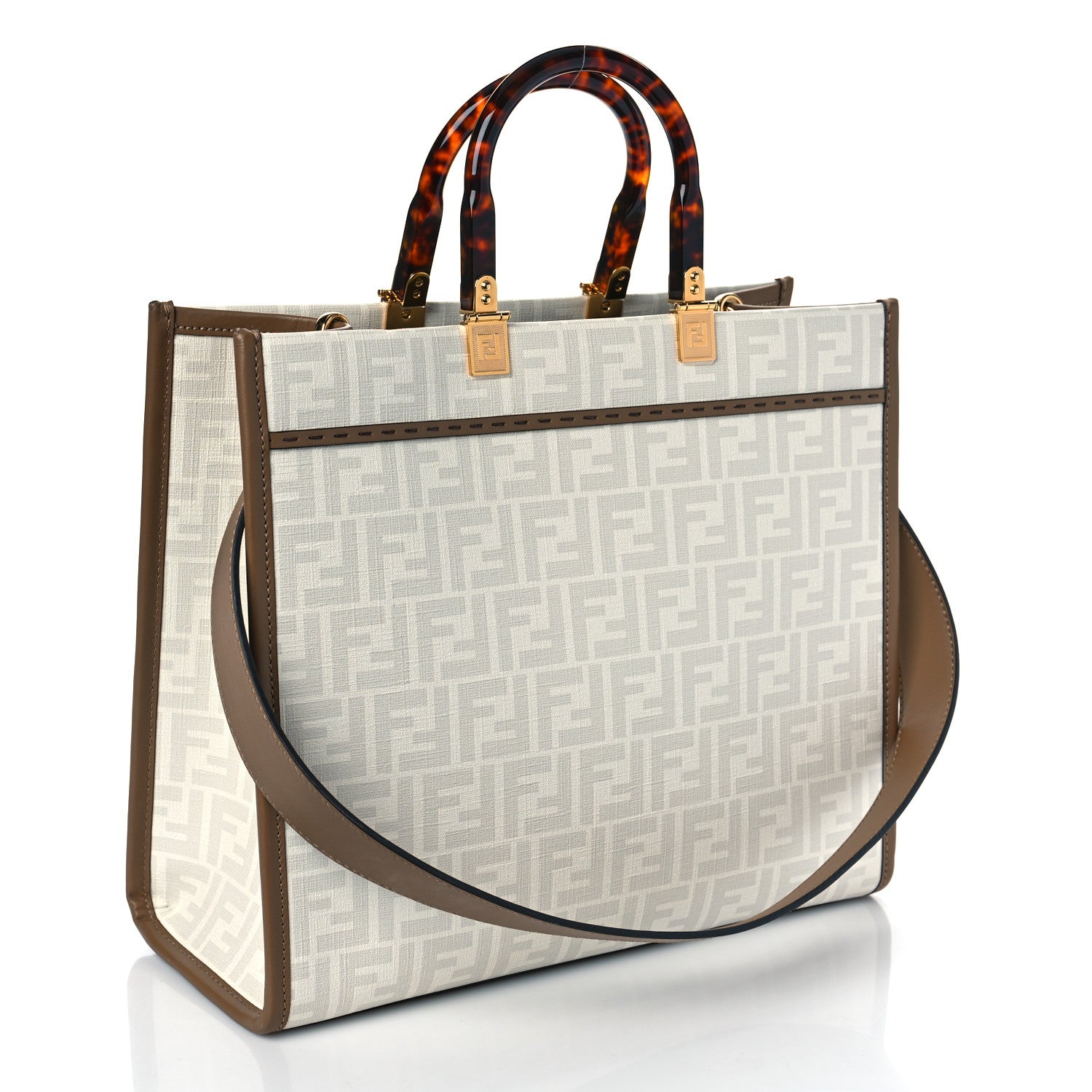 Fendi Glazed Fabric Plexiglass FF Logo Bikini Girls Medium Fendi Sunshine Shopper Tote Bianco Perla Multicolor Miele Scuro 3 of 10